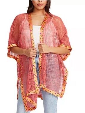 Steve Madden Coral Mesh Kimono with Floral Trim
